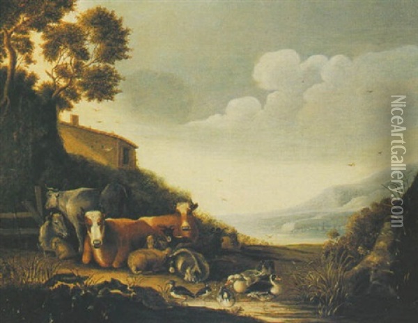 A Herd Of Cows, Goats And Sheep Near A Pond, Mountains Beyond Oil Painting - Gysbert Gillisz de Hondecoeter
