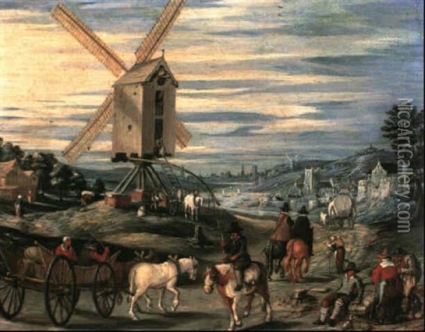 A Horsedrawn Cart And Riders Travelling Along A Country     Path Before A Windmill With A River And Distant Town Oil Painting - Nicolaes van Galen