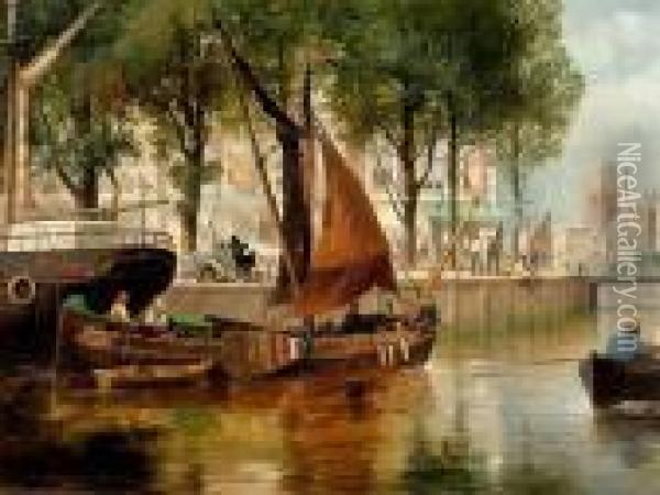 Kanalpartie In Rotterdam. Oil Painting - Richard Beavis