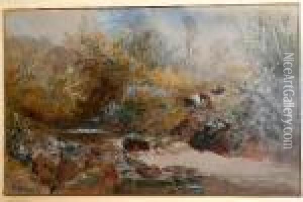 Rocky Stream With Figure And Cattle On The Bank Oil Painting - William Widgery