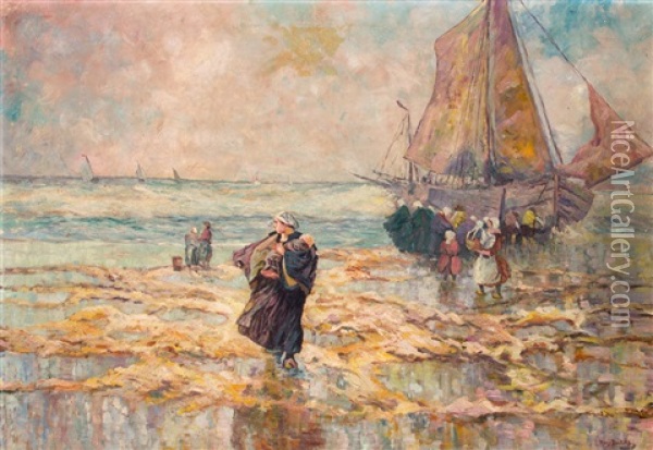 Fischersfrauen Am Strand Bei Ausfahrt Der Boote Oil Painting - Hans Von Bartels