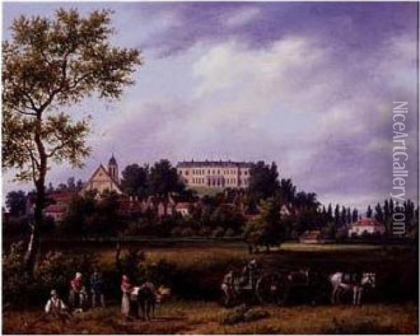 Landscape With Peasants Working In The Fields With A Town And A Manor House Beyond Oil Painting - Guiseppe Canella