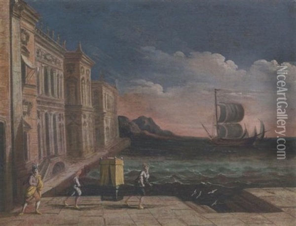 Capriccio Con Porto E Portantina Oil Painting - Pietro Paltronieri