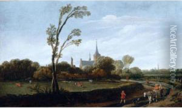 An Open Landscape With Wagoners On A Road, A Church Spire In A Village Beyond Oil Painting - Esaias Van De Velde