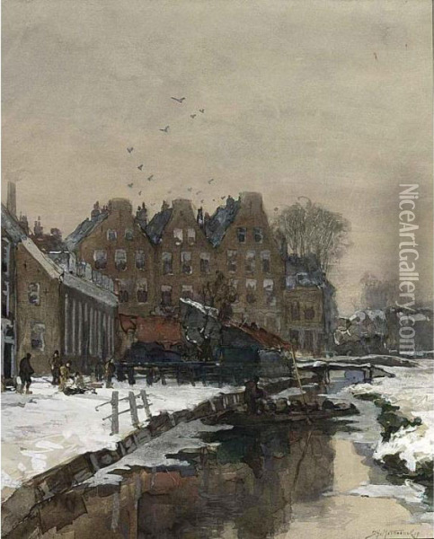 A Canal Scene In Winter Oil Painting - Johann Hendrik Van Mastenbroek