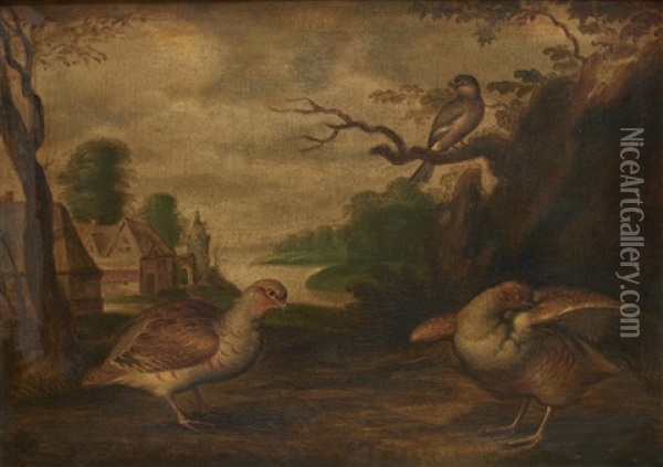 Poules Et Oiseau Dans Un Paysage; Poules Et Champignons Dans Un Paysage (pair) Oil Painting - Christiaan Luycks