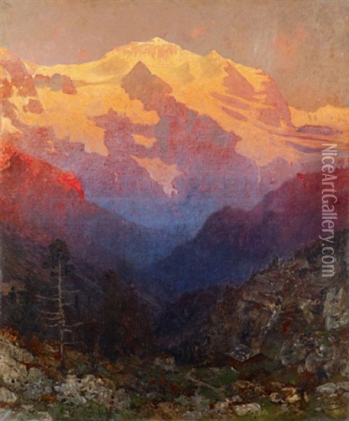 Le Massif De La Jungfrau Au Couchant Oil Painting - Edmund Berninger