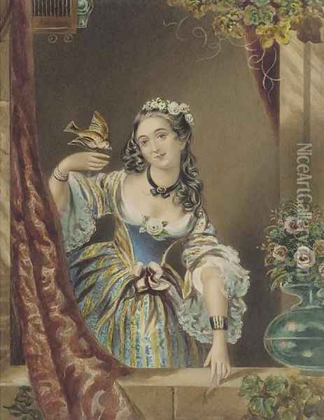 Portrait of a young lady by a ledge, with a bird in her hand Oil Painting - Continental School