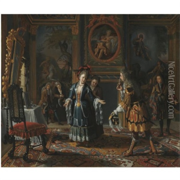 A Sumptuous Interior With An Elegantly Dressed Gentleman Paying Court To A Lady Oil Painting - Matthys Naiveu