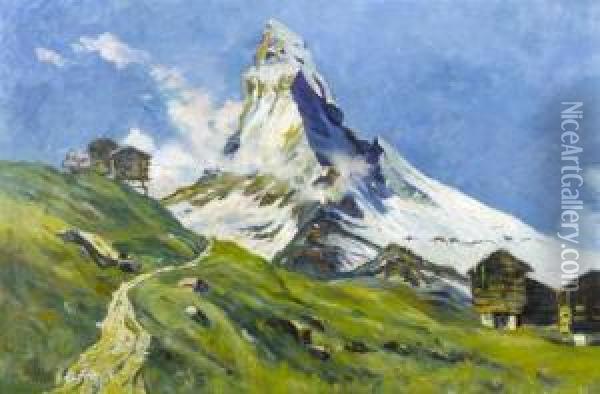 Alpine Landscape With View Of The Matterhorn Oil Painting - Hans Maurus