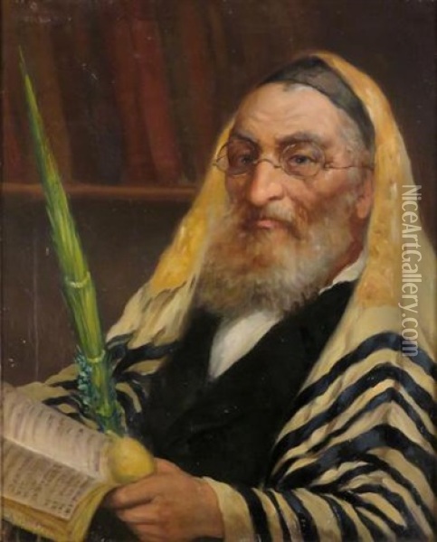 An Old Man Holding A Lulav And An Etrog Oil Painting - Artur Markowicz