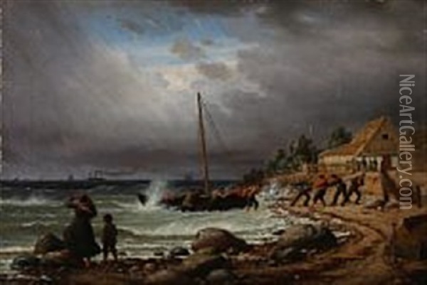 The Fishing Boat Is Drawns Ashore Oil Painting - Peter (Johann P.) Raadsig