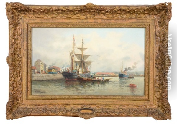 Sailing Vessels Docked At A Harbour Wall Oil Painting - Paul Jean Clays