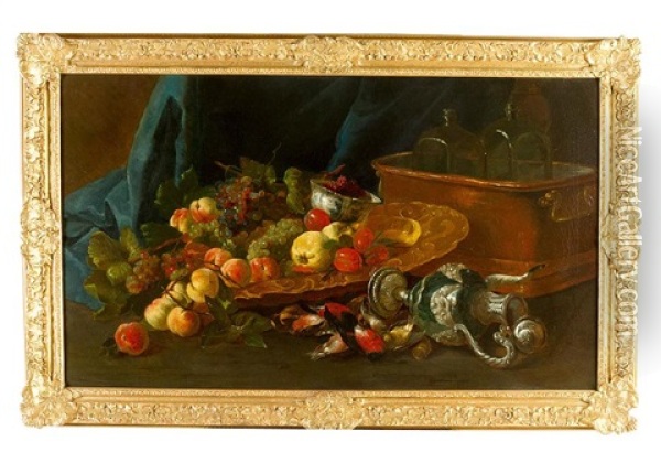 Large Still Life With Fruits, Birds And Silver Objects By A Water Cooler Basin With Two Glass Flasks And Some Berries In A Wang-li Bowl Oil Painting - Willem Van Aelst