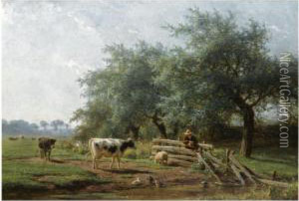 Cows In A Meadow Oil Painting - Jan Frederik Van Deventer