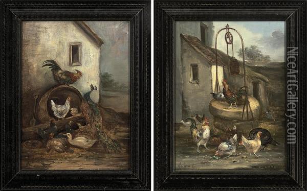 Poultry At The Well; And A Farmyard Dispute Oil Painting - Claude Guilleminet