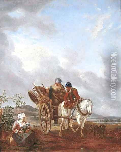 A landscape with travellers in a pony trap, a mother feeding her baby nearby Oil Painting - Philips Wouwerman