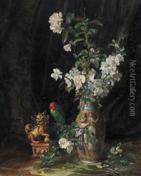 Stilleben Mit Kirschenblumen Und Papagei Oil Painting - Fritz Quidenus