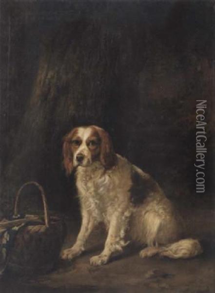 A Red And White Spaniel Seated By A Tree Oil Painting - Emmanuel Noterman