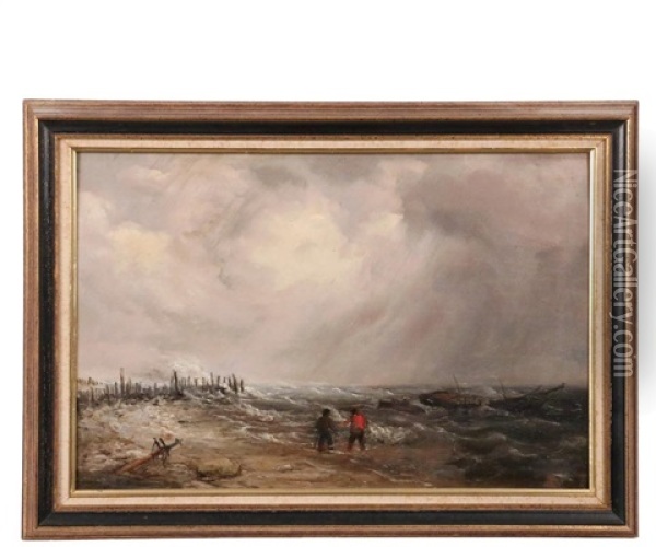 Shipwreck At Ruined Seawall Oil Painting - George Robert Bonfield