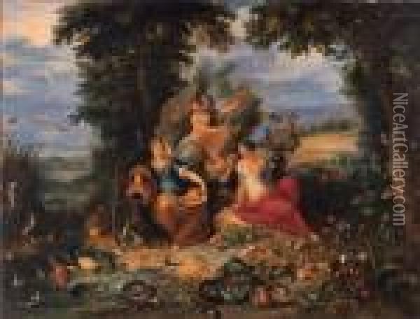 The Four Elements In A Wooded 
Coastal Landscape With Fish, Animals,birds, Fruit, Flowers And 
Vegetables, Peasants Harvesting Beyond,the Triumph Of Galatea Beyond Oil Painting - Jan Brueghel the Younger