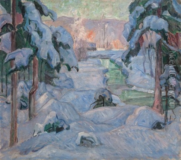 Vinter Pa Lillehammer Oil Painting - Lars Jorde