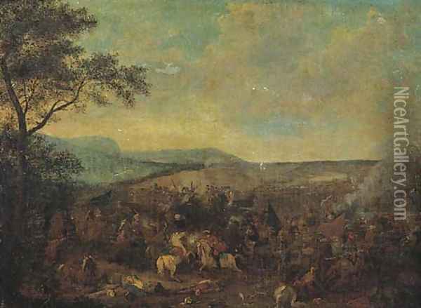 A cavalry skirmish between Christians and Turks in an extensive landscape Oil Painting - Jacques Courtois
