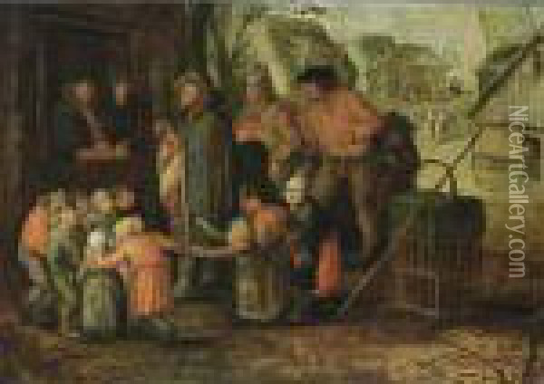 A Blind Hurdy-gurdy Player 
Surrounded By Children And Peasants Near A Door, With A Man Being 
Pick-pocketed, A Village Street In The Background Oil Painting - David Vinckboons