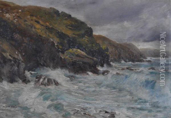 Rocky Cornish Coastal Scene Oil Painting - Frederick R. Fitzgerald