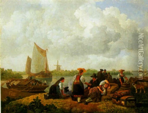 Travellers Resting On A River Bank Oil Painting - Leendert de Koningh