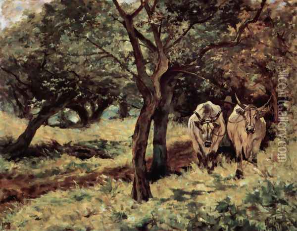 Two oxen in the olive grove Oil Painting - Giovanni Fattori