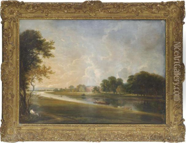 An Irish Mansion, Boats In A River In The Foreground Oil Painting - William Glover