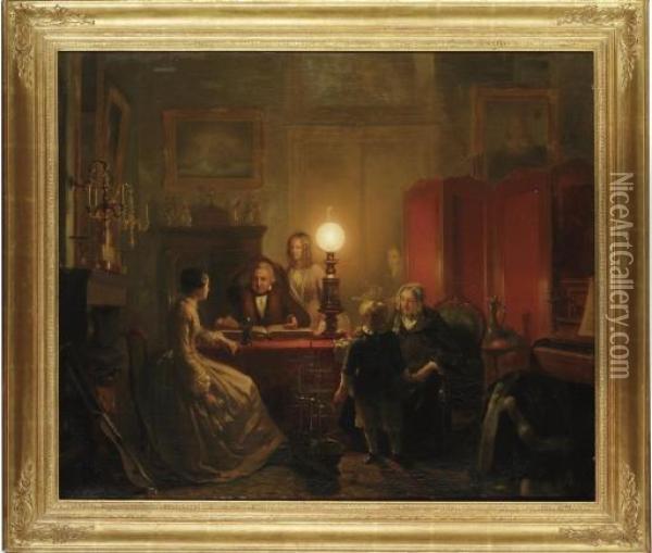 A Family Gathered Around A Lamplit Table Oil Painting - Petrus Kiers