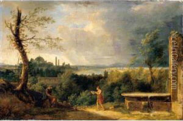 Landscape With Belisarius And A View Of Istanbul And The Bosphorus Beyond Oil Painting - Pierre-Henri de Valenciennes