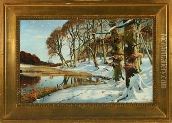 Wintry Forest With Lake And Leaping Deer Oil Painting - Sigvard Marius Hansen
