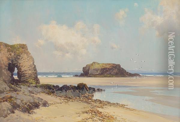 Chapel Rock, Perranporth, Cornwall Oil Painting - Frederick John Widgery