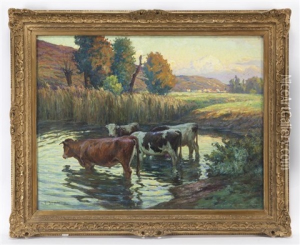 Cattle By River Oil Painting - Claude-Honore Hugrel