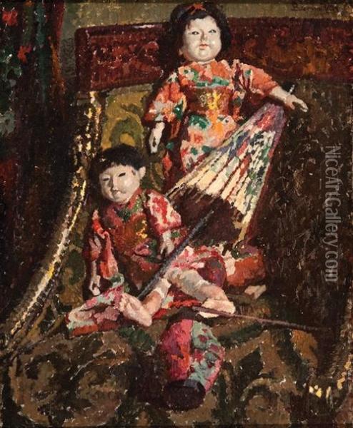 Japanese Dolls On A Chair Oil Painting - Ritta Boemm
