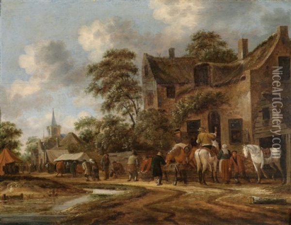 Dorfstrase Mit Reitern Vor Dem Wirtshaus Oil Painting - Thomas Heeremans