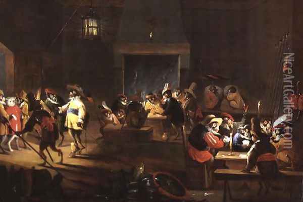 Monkeys in a Tavern Interior Oil Painting - Ferdinand van Kessel