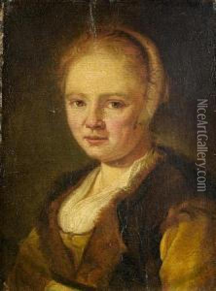 Portrait Of A Young Woman, Bust-length, In Brown Costume With A Fur-trimmed Jerkin Oil Painting - Jan De Bray