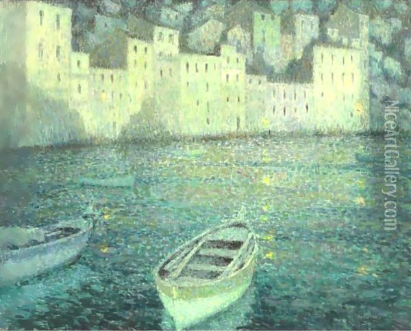 Les Maisons Du Port Au Clair De Lune Oil Painting - Henri Eugene Augustin Le Sidaner