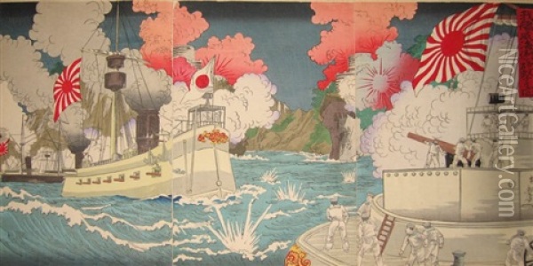 La Guerre Sino Japonaise (30 Triptychs) Oil Painting - Chikanobu Toyohara