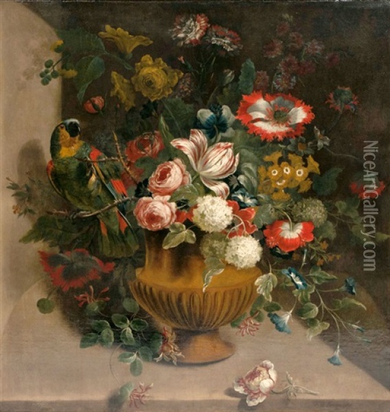 Prachtvolles Blumenarrangement Mit Papagei Oil Painting - Jean-Baptiste Monnoyer