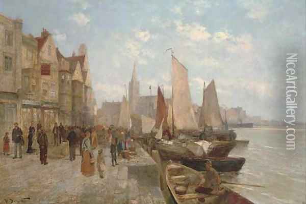 Unloading the catch in the port of Danzig Oil Painting - Pierre Dumont