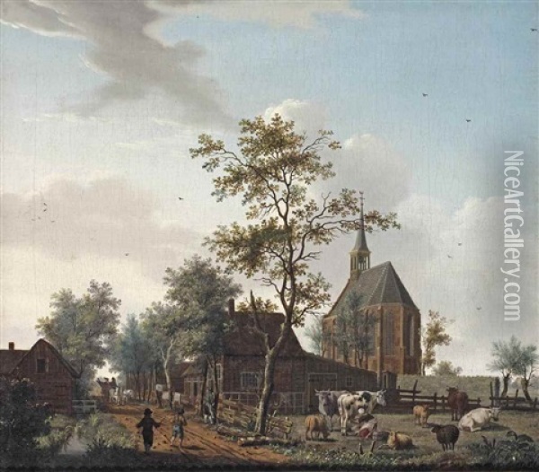 A View Of The Village Of Grosthuizen Near Avenhorn, South-west Of The Town Of Hoorn, With A Maid Milking A Cow In A Meadow, Boys Playing On The Road And A Horse And Carriage In The Near Distance Oil Painting - Isaac Ouwater