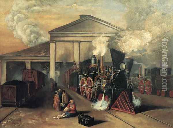 Train Leaving Auburn Station at Rochester, New York Oil Painting - Eugene Sintzenich