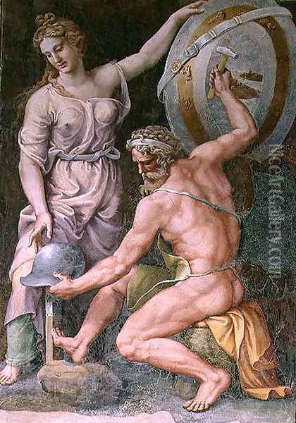 Vulcan forging the armour of Achilles Oil Painting - Giulio Romano (Orbetto)