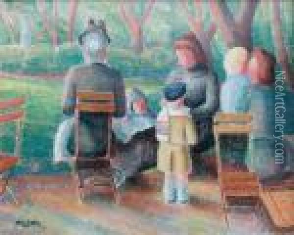 Meres Et Enfants Dans Le Jardin Du Luxembourg, 1940. Oil Painting - Pierre De Belay