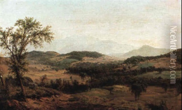 Panoramic View With Sheep Meadows And Distant Mountains Oil Painting - Louis Remy Mignot